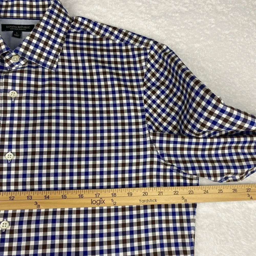 Banana Republic Dress Shirt Mens Large Blue/Brown Checks Slim Fit Non-Iron